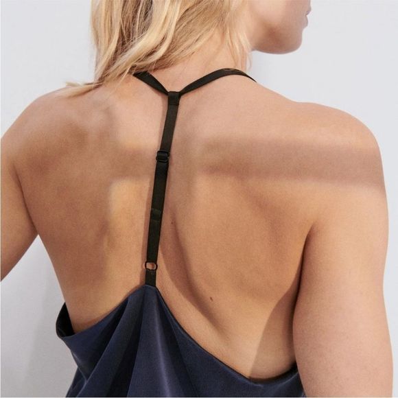 Lunya Washable Silk Cami & Pants Set Sz L Deep Blue T-back Strap - Picture 5 of 8